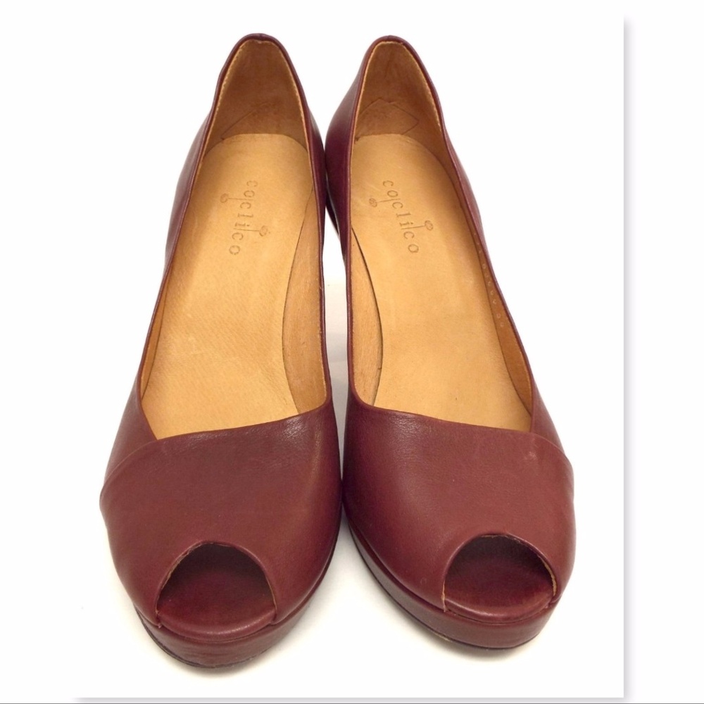 COCLICO Crimson Red Leather Peep Toe Chunky Heel Pumps 38